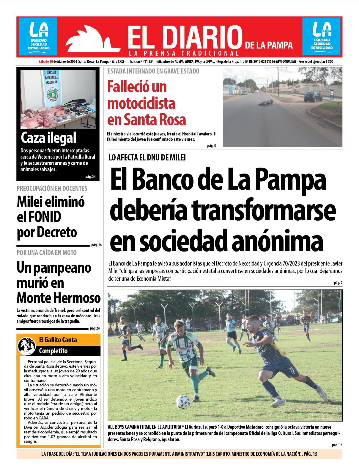 Tapa de El Diario en papel  saacutebado 30 de marzo de 2024